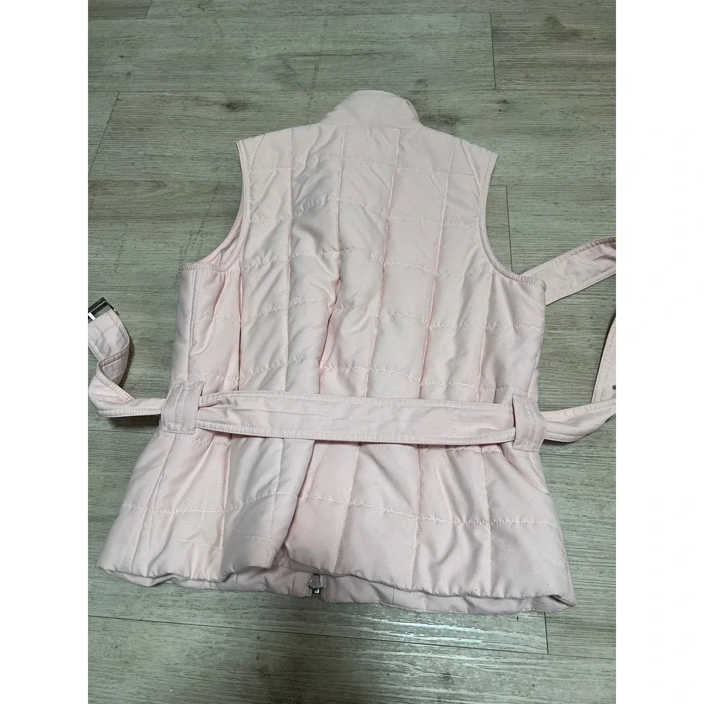 Lauren Ralph Lauren Quilted Belted Vest Pink Sleeveless Zip Front Pockets Womens